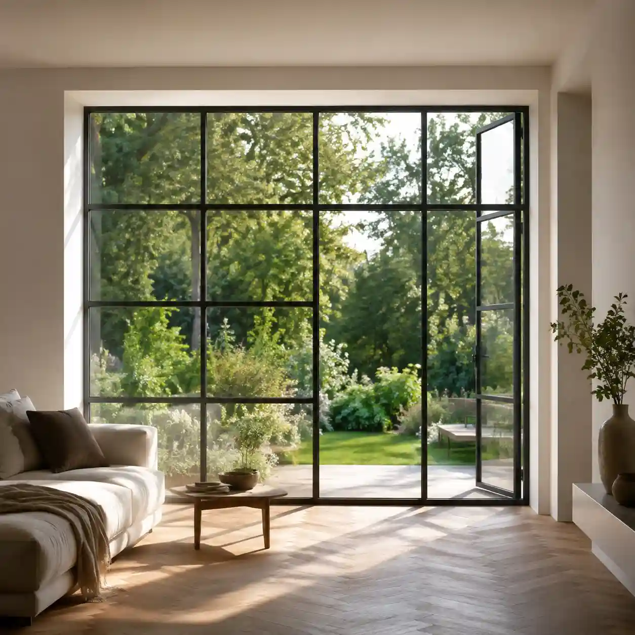 Grosses Atelierfenster mit schwarzer Sprossenteilung in einem hellen Wohnraum von ecowindow