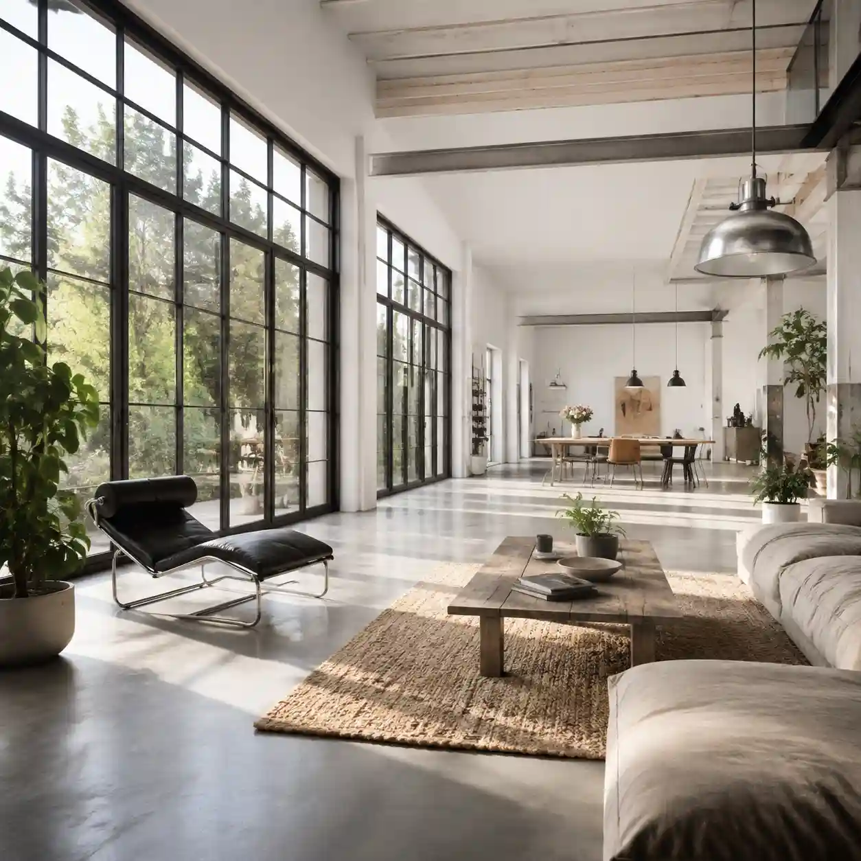 Offener Wohnraum im Loftstil mit raumhohem Atelierfenster und viel Tageslicht von ecowindow