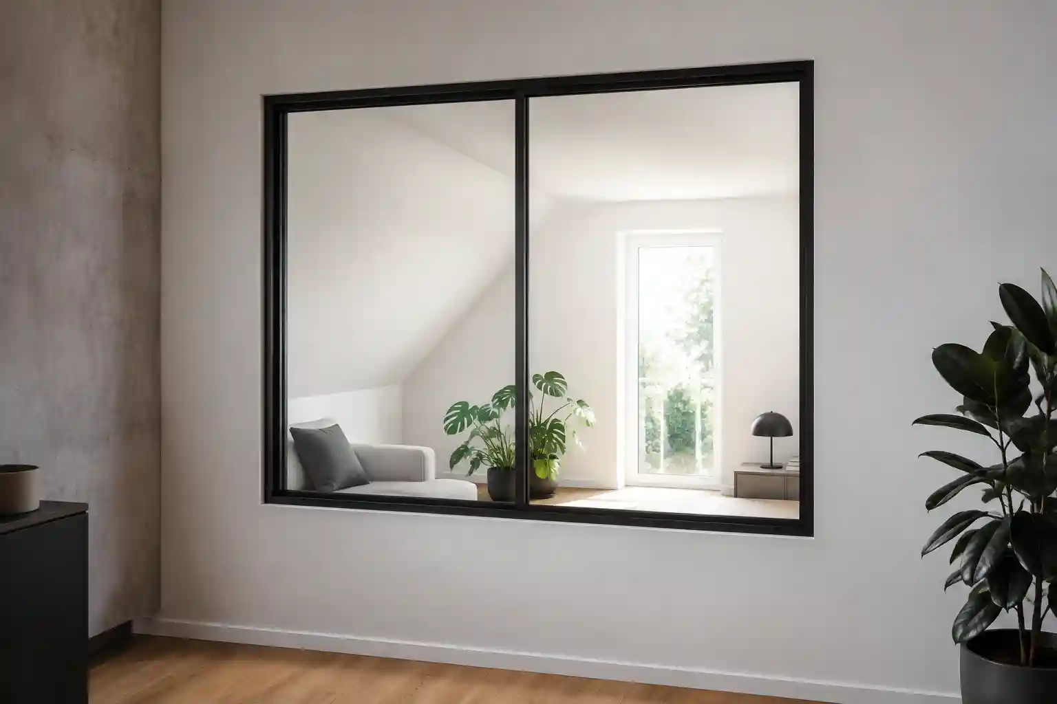 Loftfenster mit schwarzer Teilung in einer Wohnwand von ecowindow