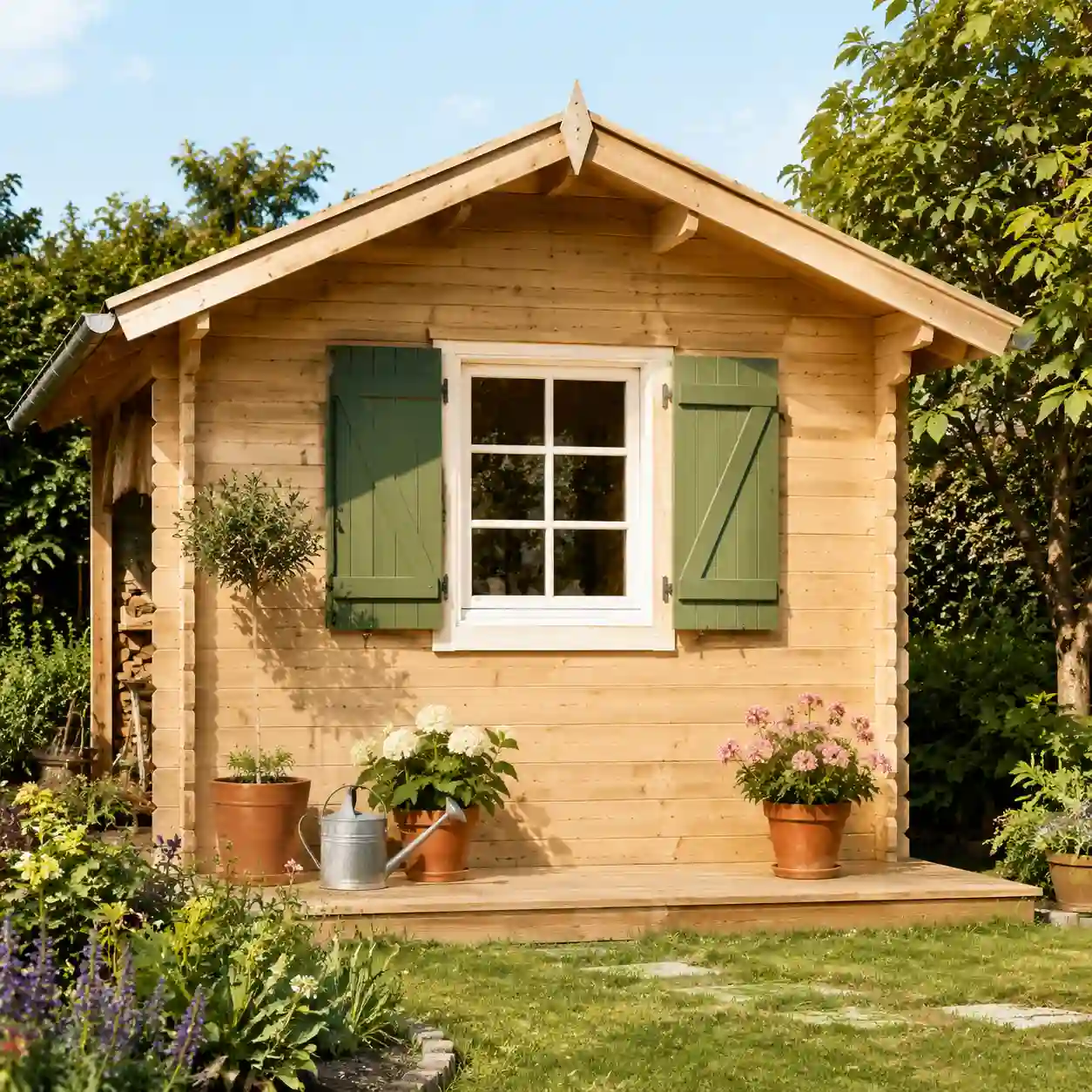 Holz-Gartenhaus mit weissem Sprossenfenster und Fensterlaeden im Sommergarten von ecowindow