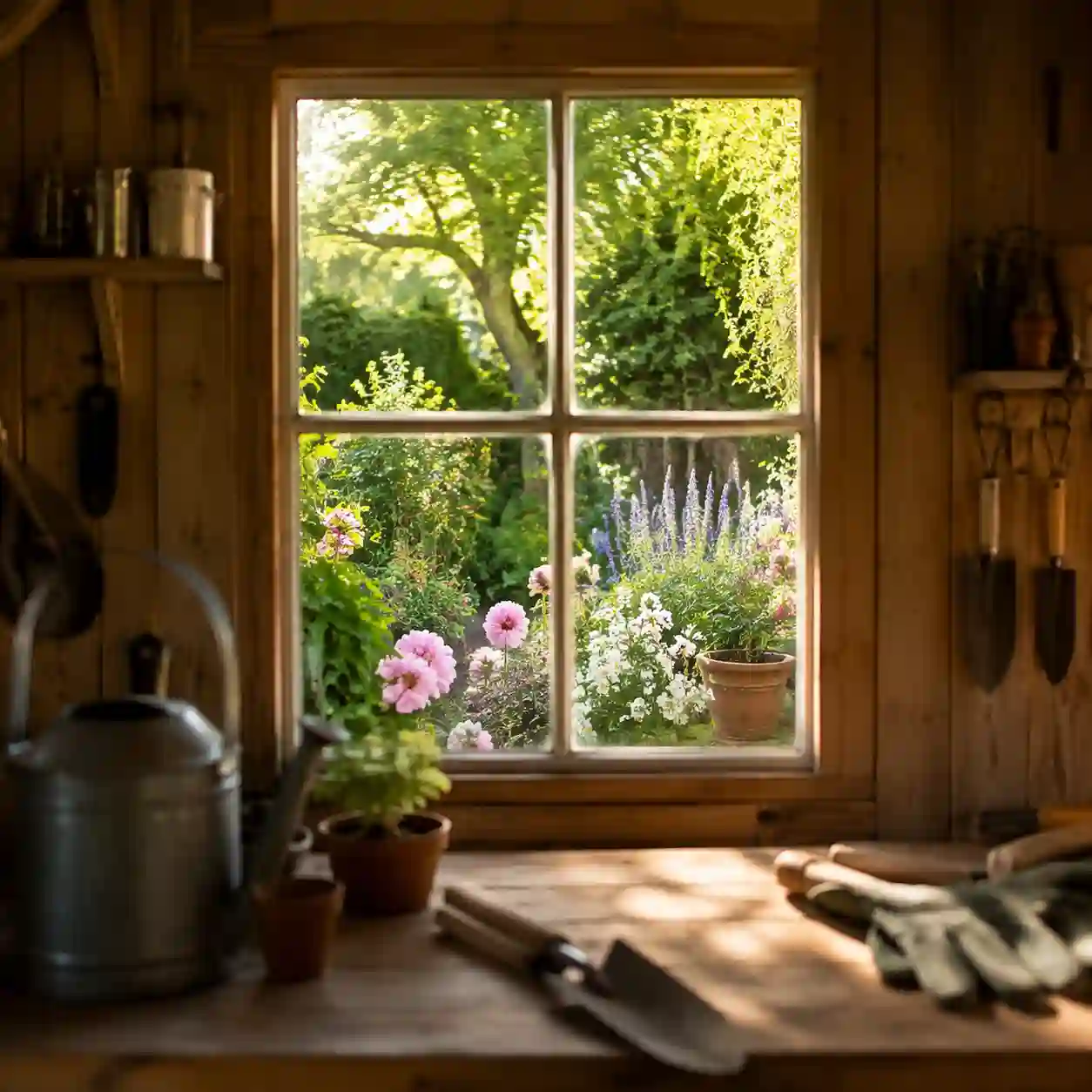 Blick von innen aus dem Gartenhaus durch das Fenster in den bluehenden Garten von ecowindow