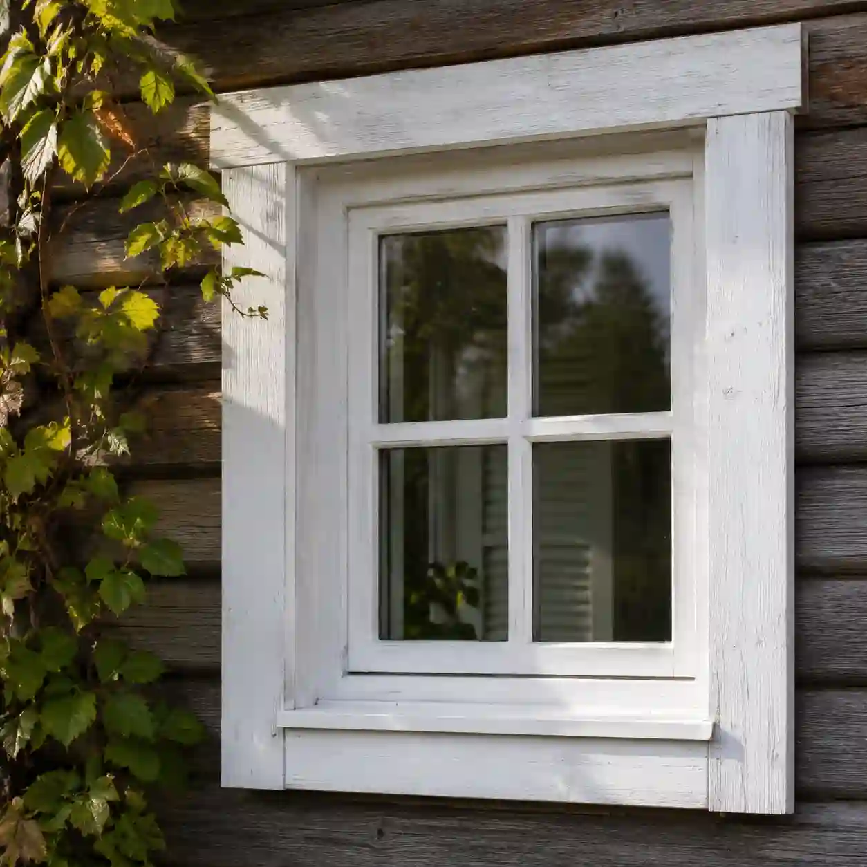 Anthrazitfarbenes Fenster in heller Holzfassade eines Gartenhauses von ecowindow
