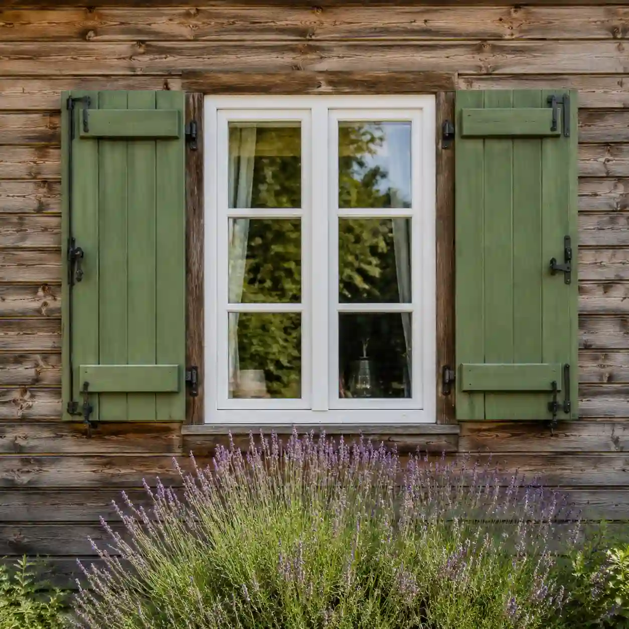 Gartenhaus mit gruenen Fensterlaeden aufgeklappt neben dem Fenster von ecowindow