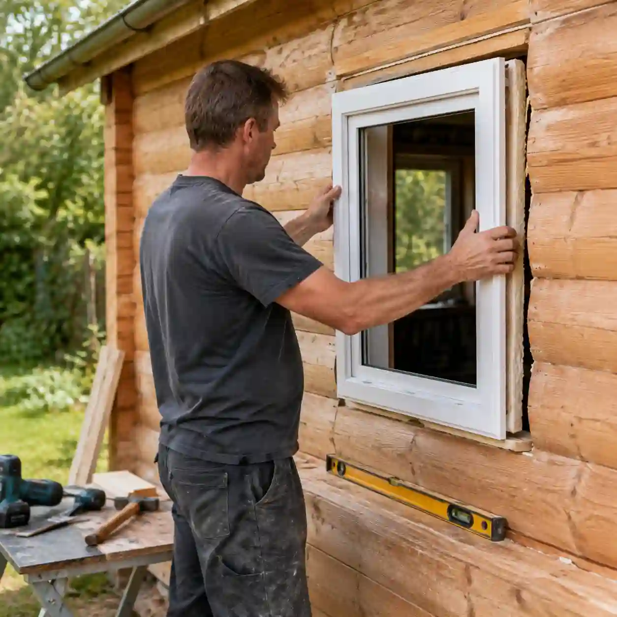 Monteur setzt ein Fenster in die Blockbohlenwand eines Gartenhauses ein von ecowindow