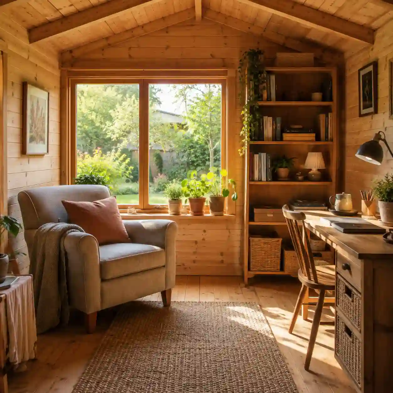Gartenhaus als Hobbyraum mit Sessel Regal und hellem Fenster von ecowindow