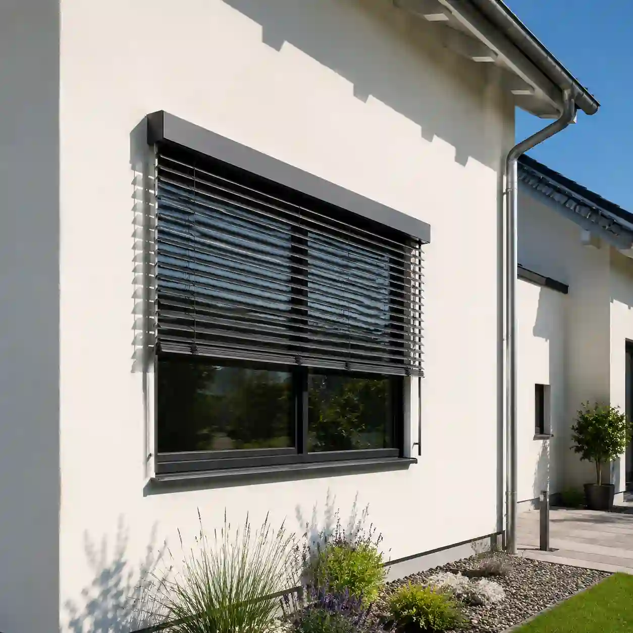 Thermofenster auf der Suedseite mit Raffstore als Sonnenschutz von ecowindow