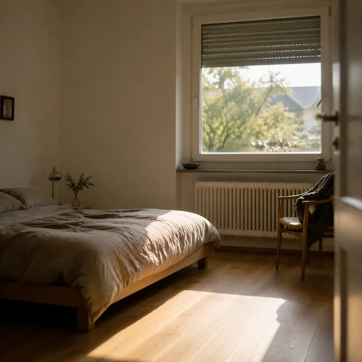 Schlafzimmer mit neuem Schlafzimmerfenster und halb geschlossenem Rollladen am Morgen von ecowindow