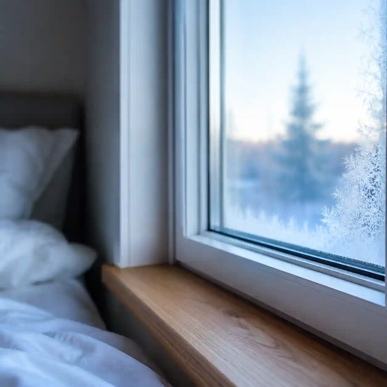 Trockene Innenscheibe an einem Schlafzimmerfenster an einem Wintermorgen von ecowindow