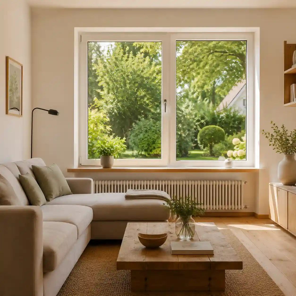 Grosses Wohnzimmerfenster mit Blick in den Garten von ecowindow