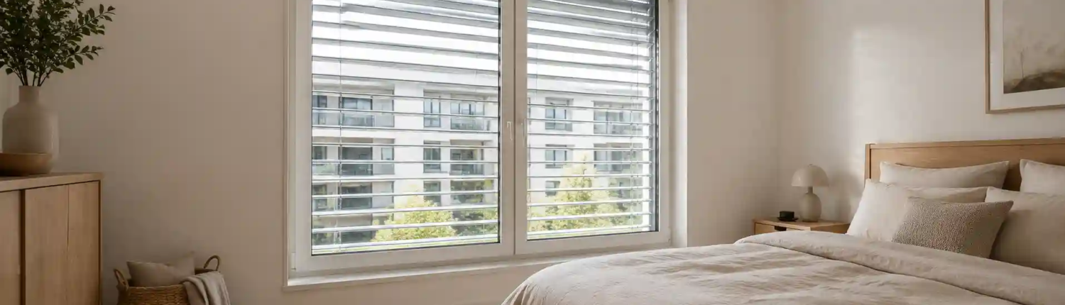 Schlafzimmerfenster mit geneigtem Raffstore als Licht- und Sichtschutz