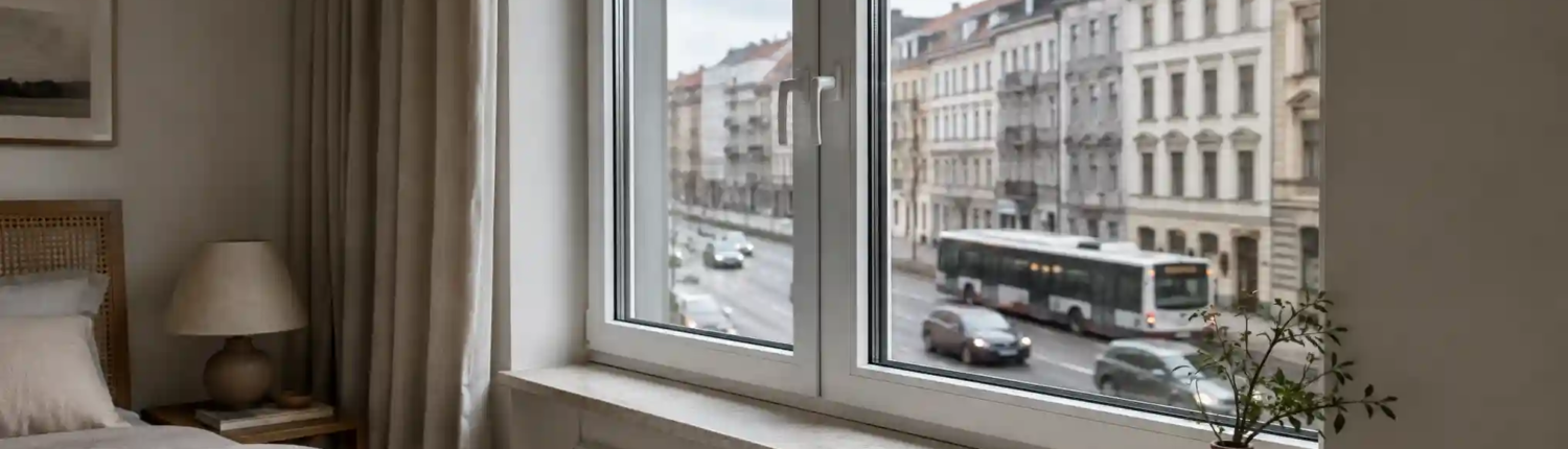 Geschlossenes Schallschutzfenster an einer befahrenen Straße