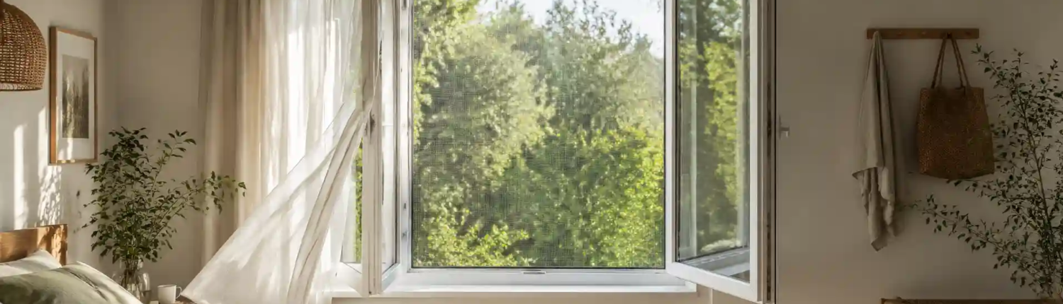 Geöffnetes Schlafzimmerfenster mit Fliegengitter