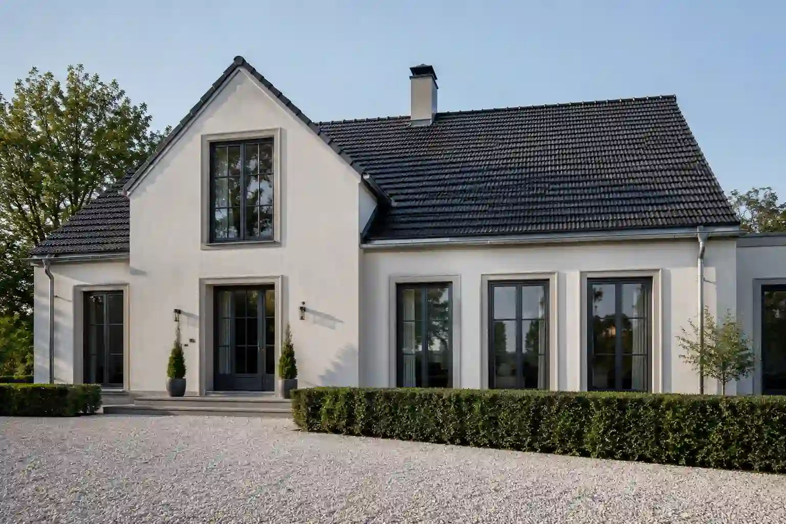 Neubau im Landhausstil mit anthrazitfarbenen Landhausfenstern und senkrechten Sprossen von ecowindow