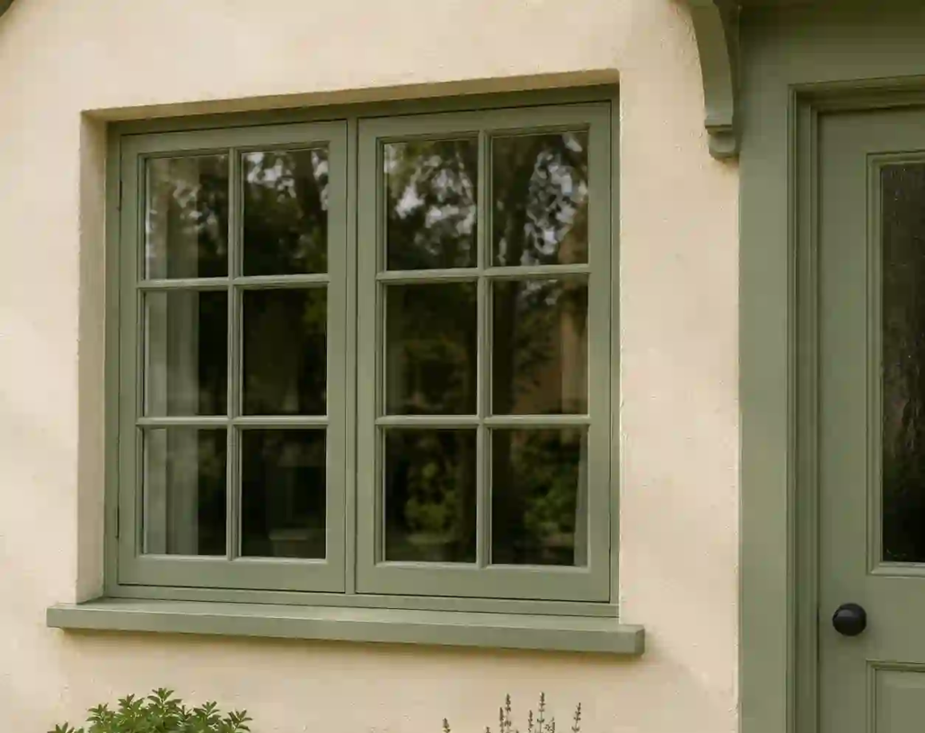 Landhausfenster mit Sprossen in gedecktem Gruen an einer hellen Putzfassade von ecowindow