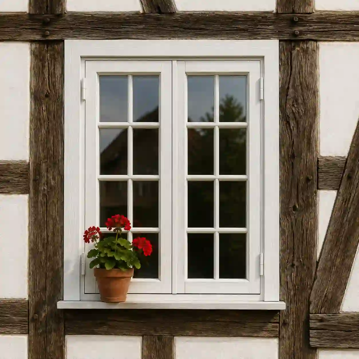 Holzfenster mit weisser Lasur und Sprossen an einem Fachwerkhaus von ecowindow