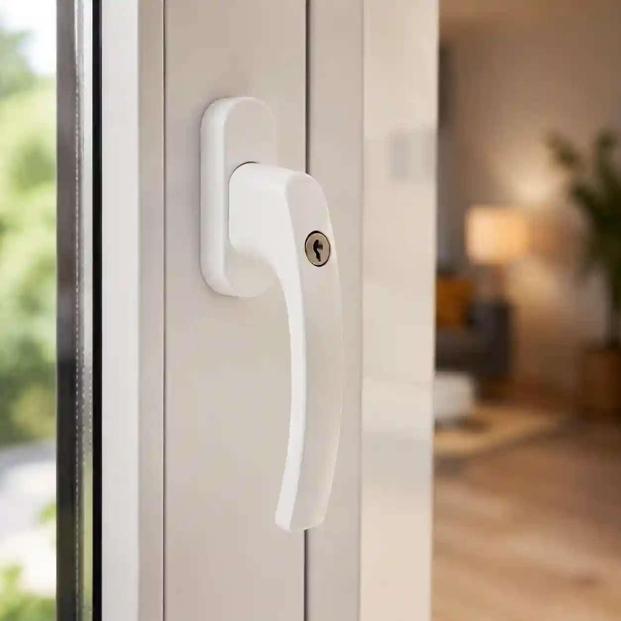 Abschliessbarer Fenstergriff an einem Zimmerfenster von ecowindow