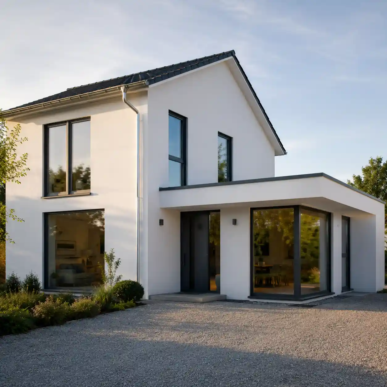 Modernes Einfamilienhaus mit grossen Fenstern und schmalen anthrazitfarbenen Rahmen von ecowindow