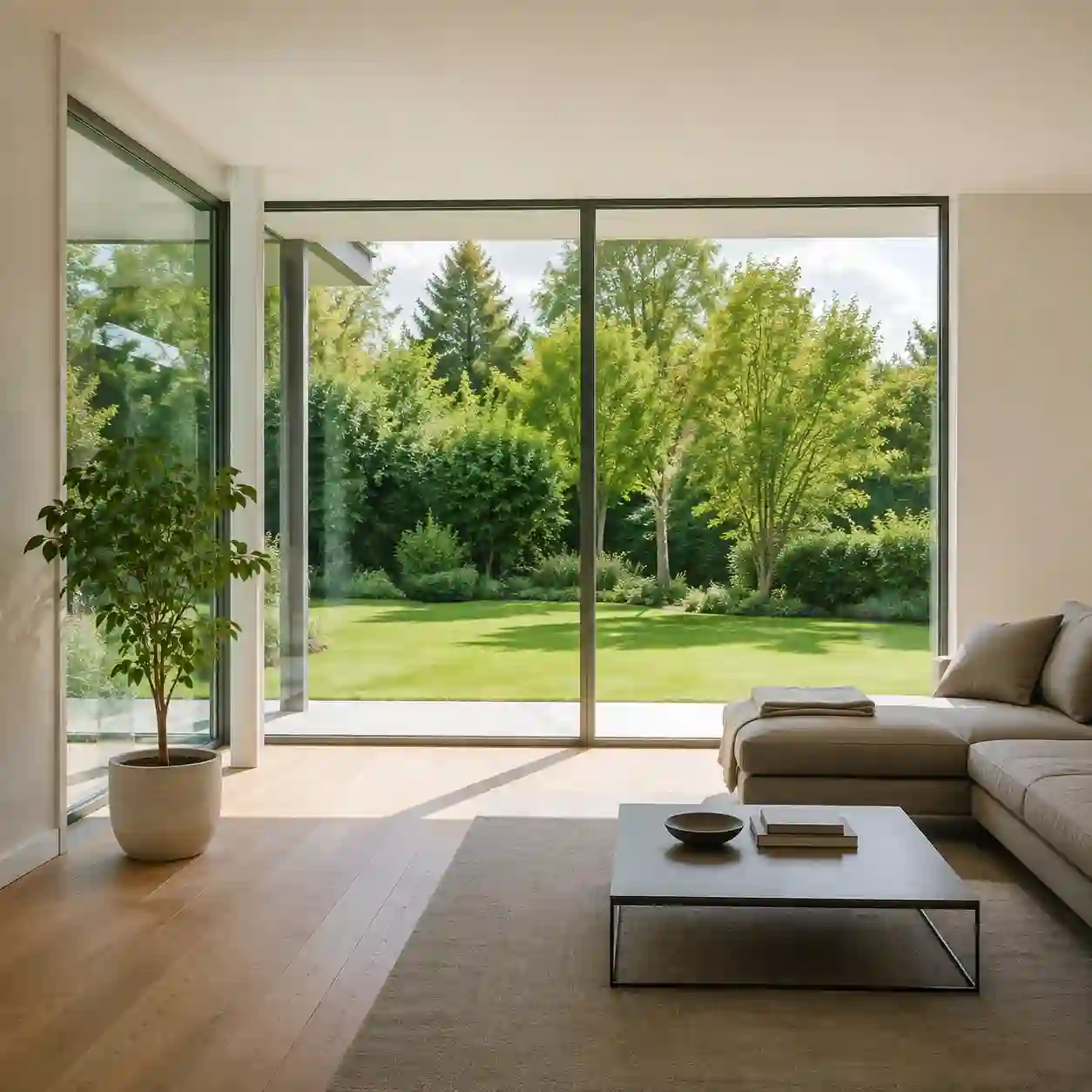 Helles modernes Wohnzimmer mit bodentiefen Fenstern und schmalen Rahmen von ecowindow