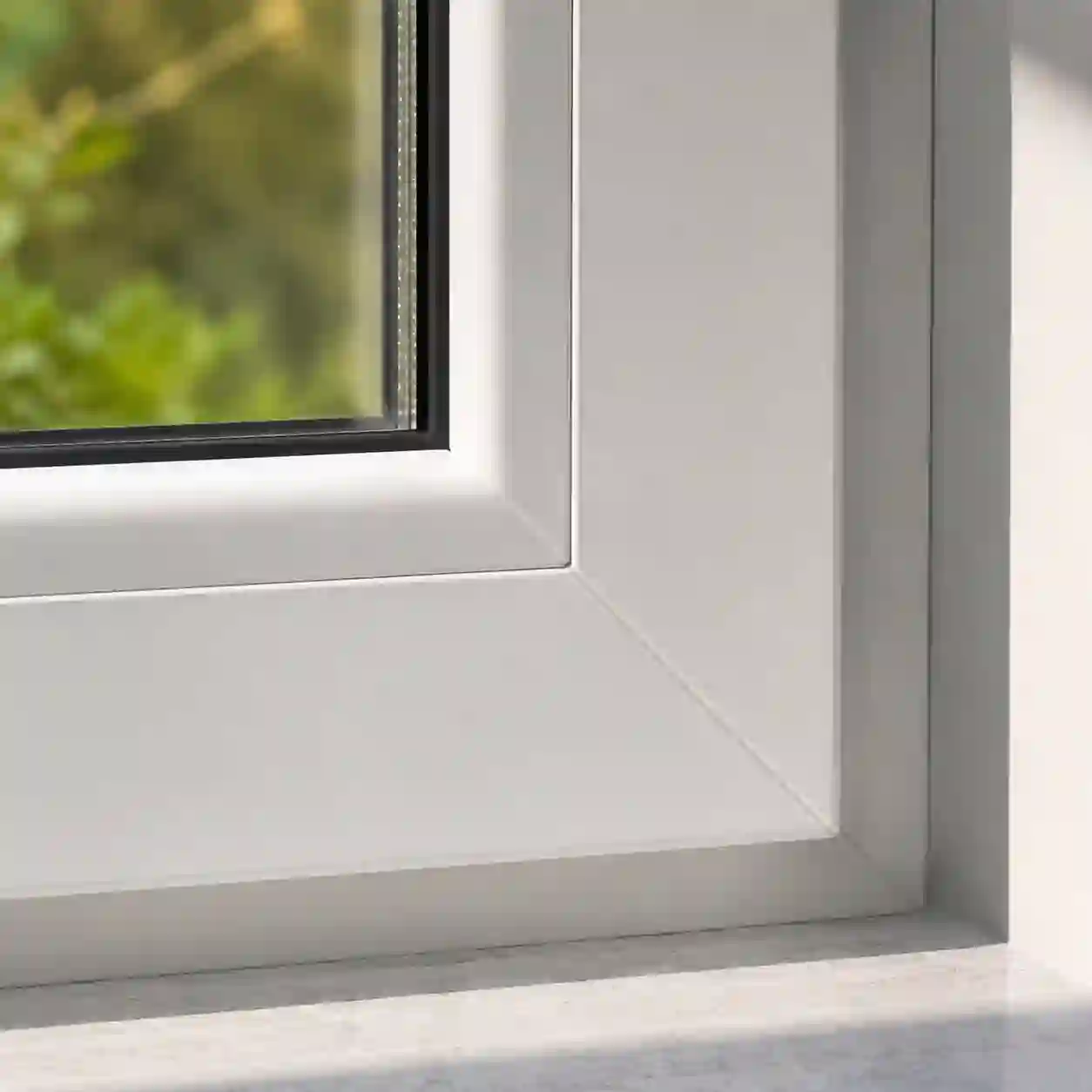 Modernes weisses Kunststofffenster mit schmalem Rahmen von ecowindow