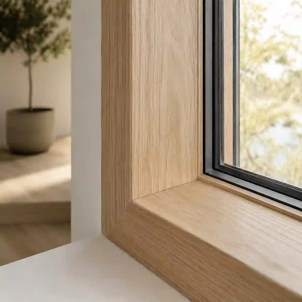 Modernes Holzfenster mit heller Oberflaeche in einem Wohnraum von ecowindow