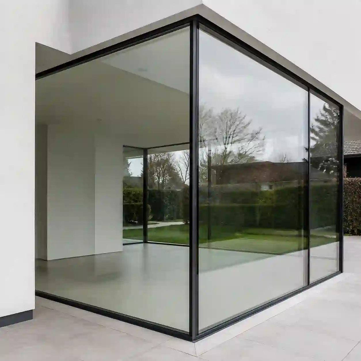 Modernes Aluminiumfenster mit sehr schmaler Ansicht und grosser Glasflaeche von ecowindow