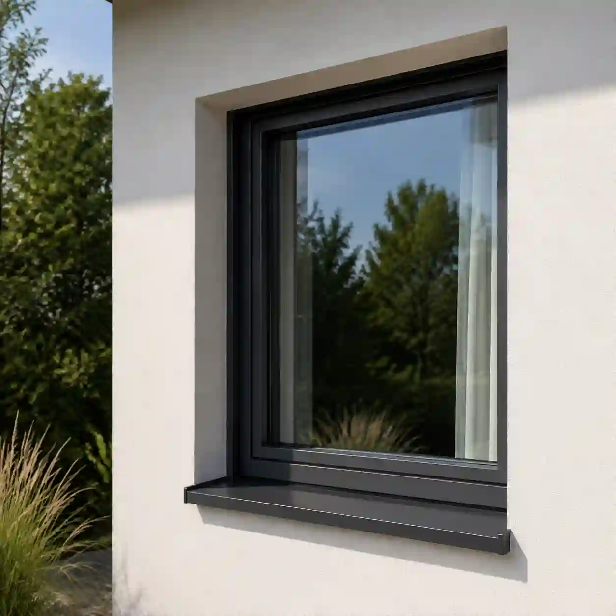 Moderne Fenster aussen anthrazit an einer hellen Putzfassade von ecowindow