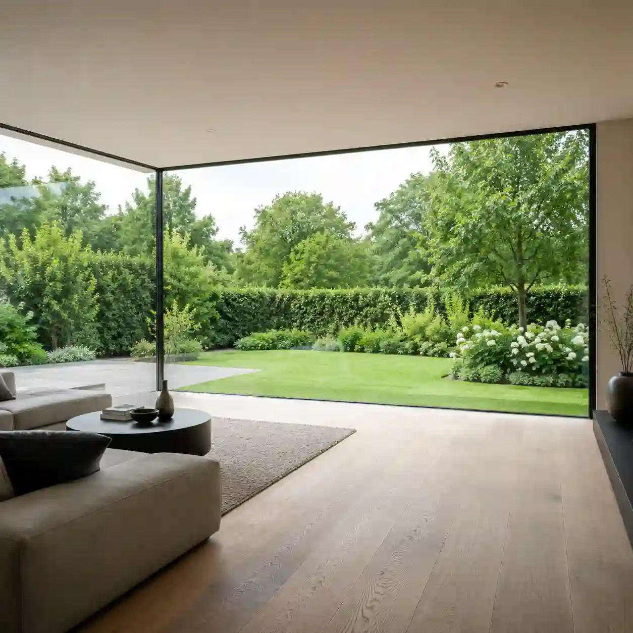 Bodentiefe moderne Fenster mit sehr schmalen Rahmen in einem Wohnzimmer von ecowindow