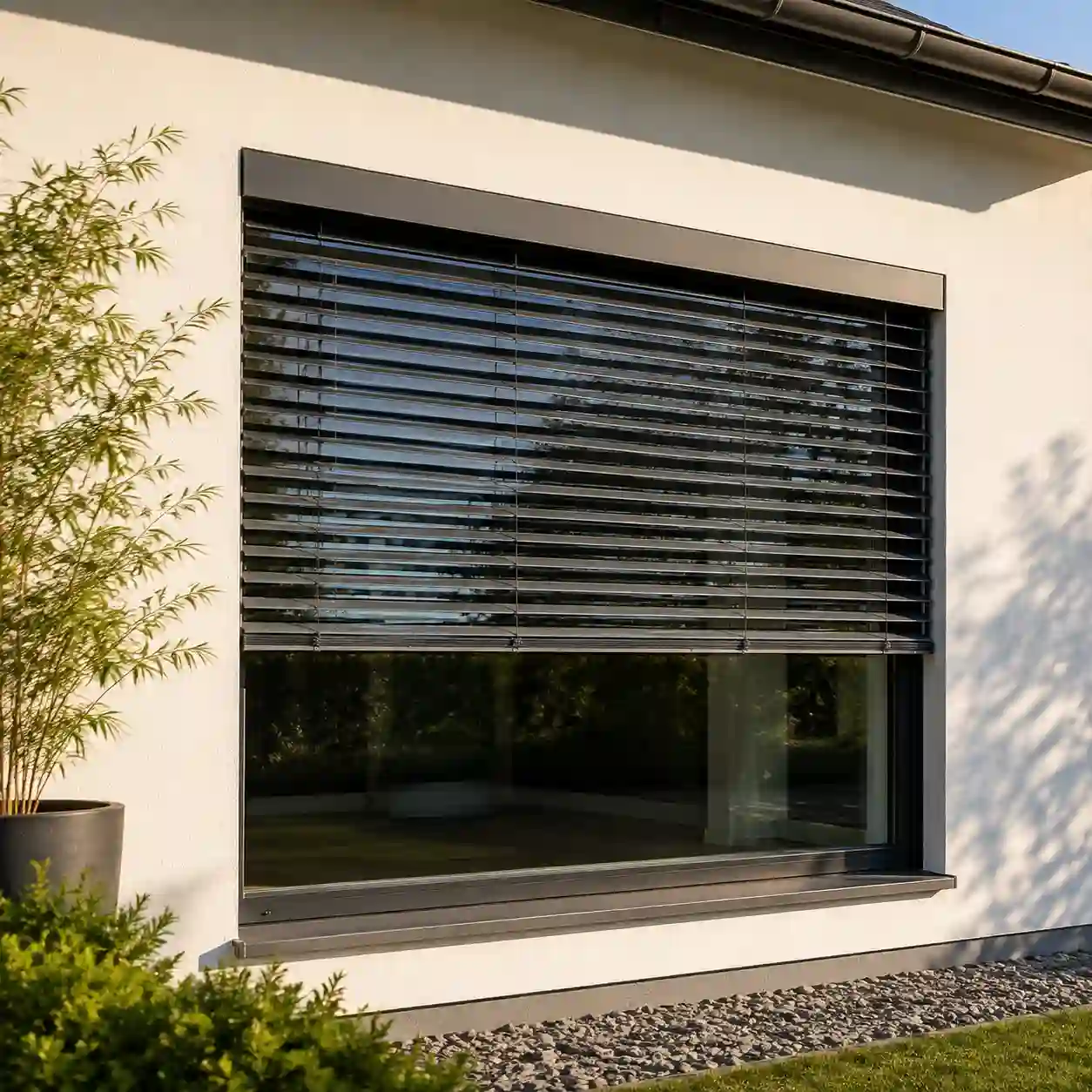 Modernes Fenster mit aussenliegendem Raffstore an einer Putzfassade von ecowindow