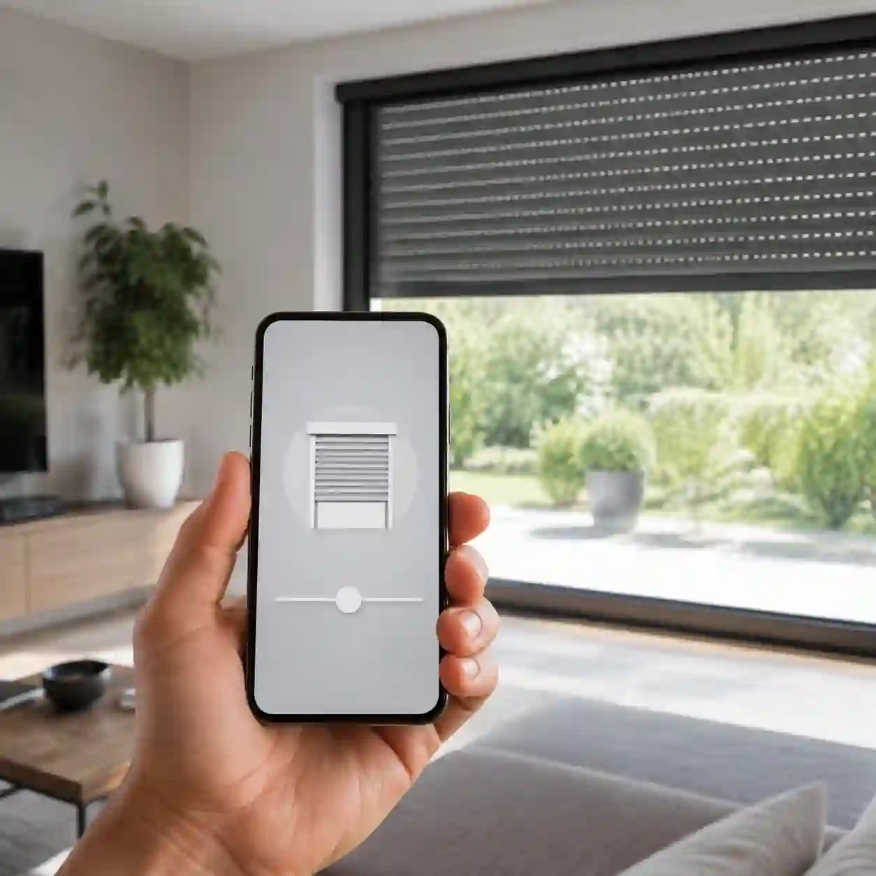 Smartphone steuert Rollladen und modernes Fenster im Wohnraum von ecowindow
