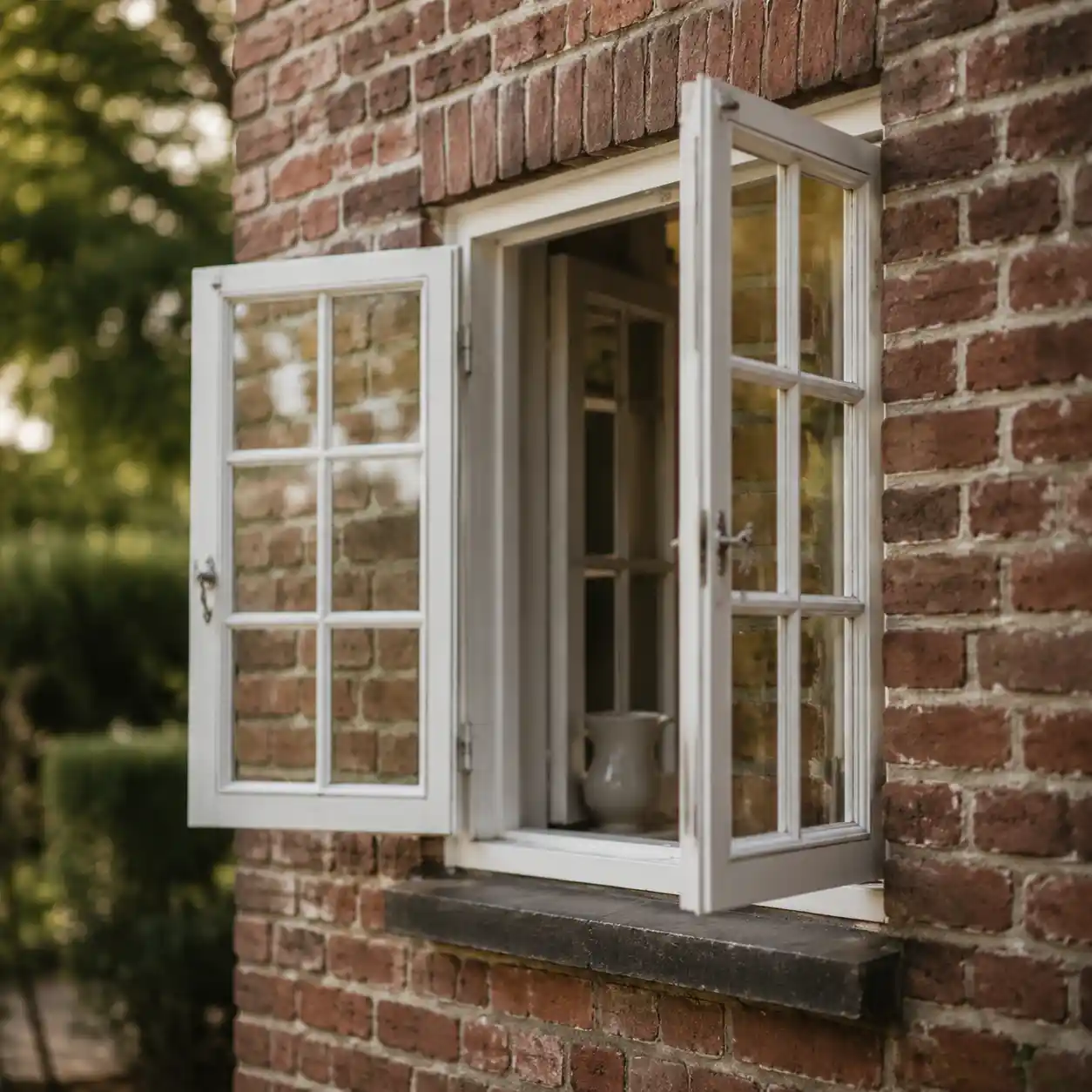 Weißes nach außen öffnendes Fenster mit Sprossen an einer Klinkerfassade, eingebaut von ecowindow