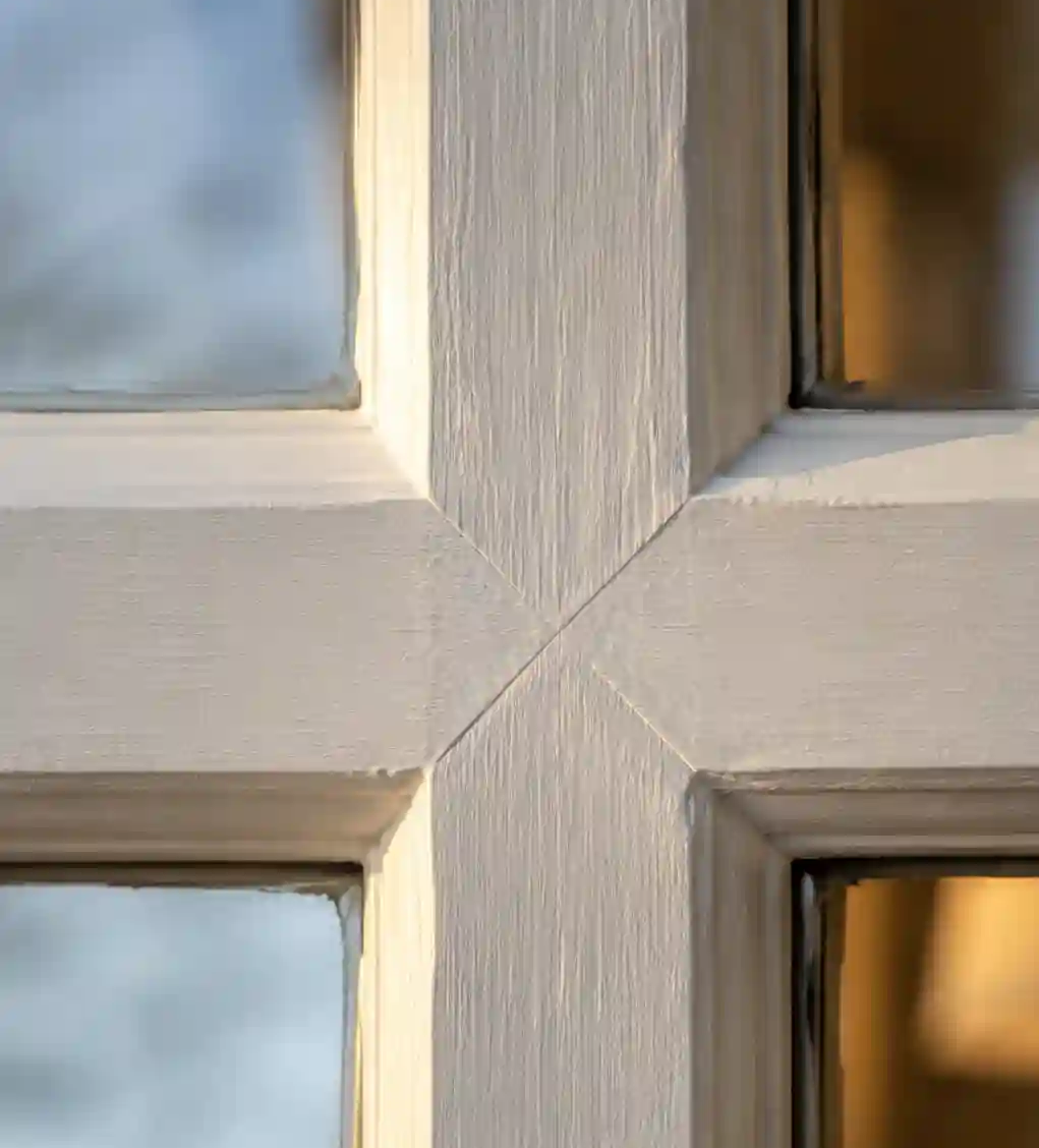 Detail der kreuzförmigen Sprossenteilung an einem nach außen öffnenden Holzfenster