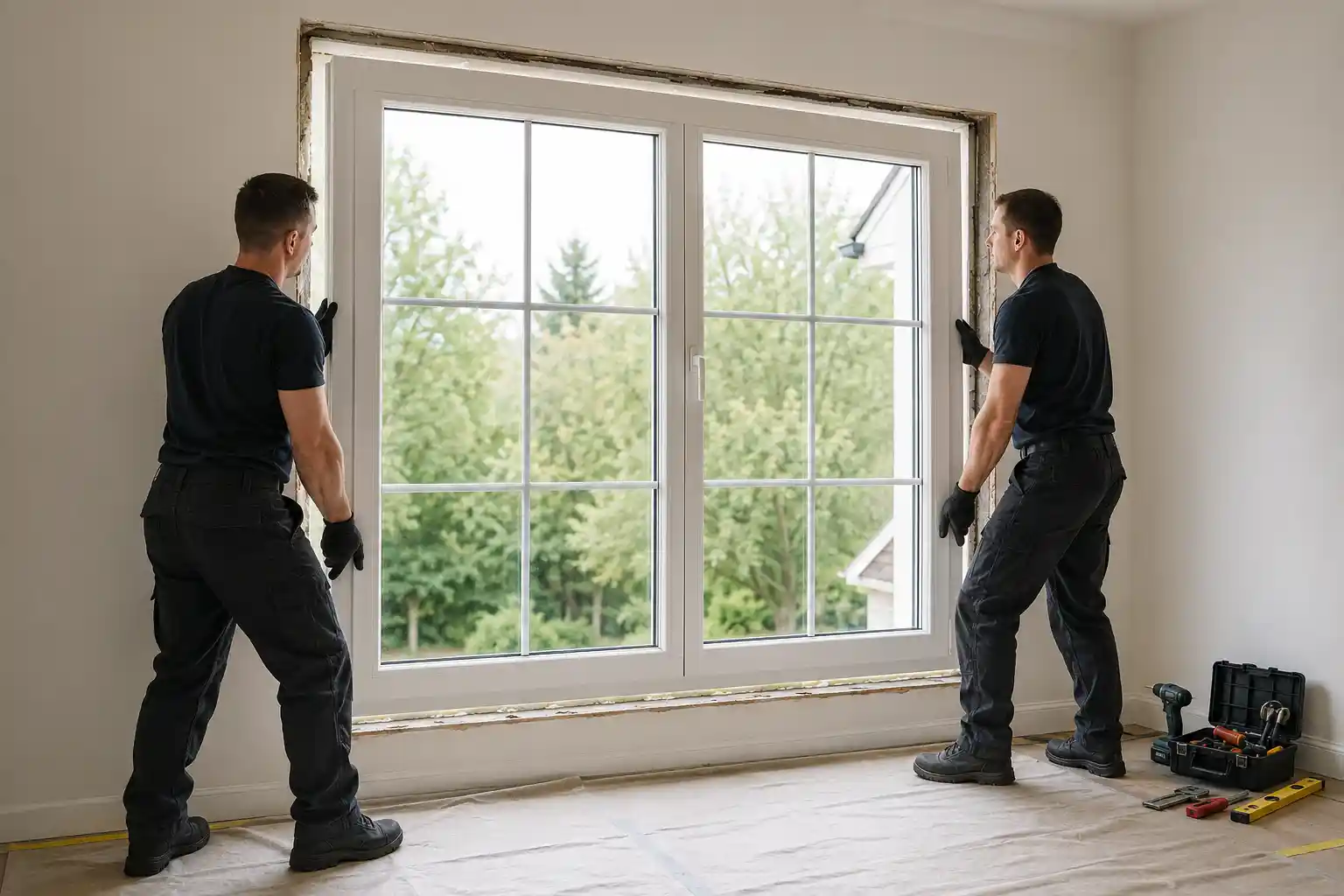Montage Monteur setzt Fenster mit innenliegenden Sprossen ein, Montage durch ecowindow
