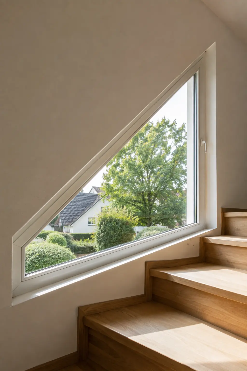 Trapezförmiges Treppenhausfenster entlang des Treppenlaufs von ecowindow