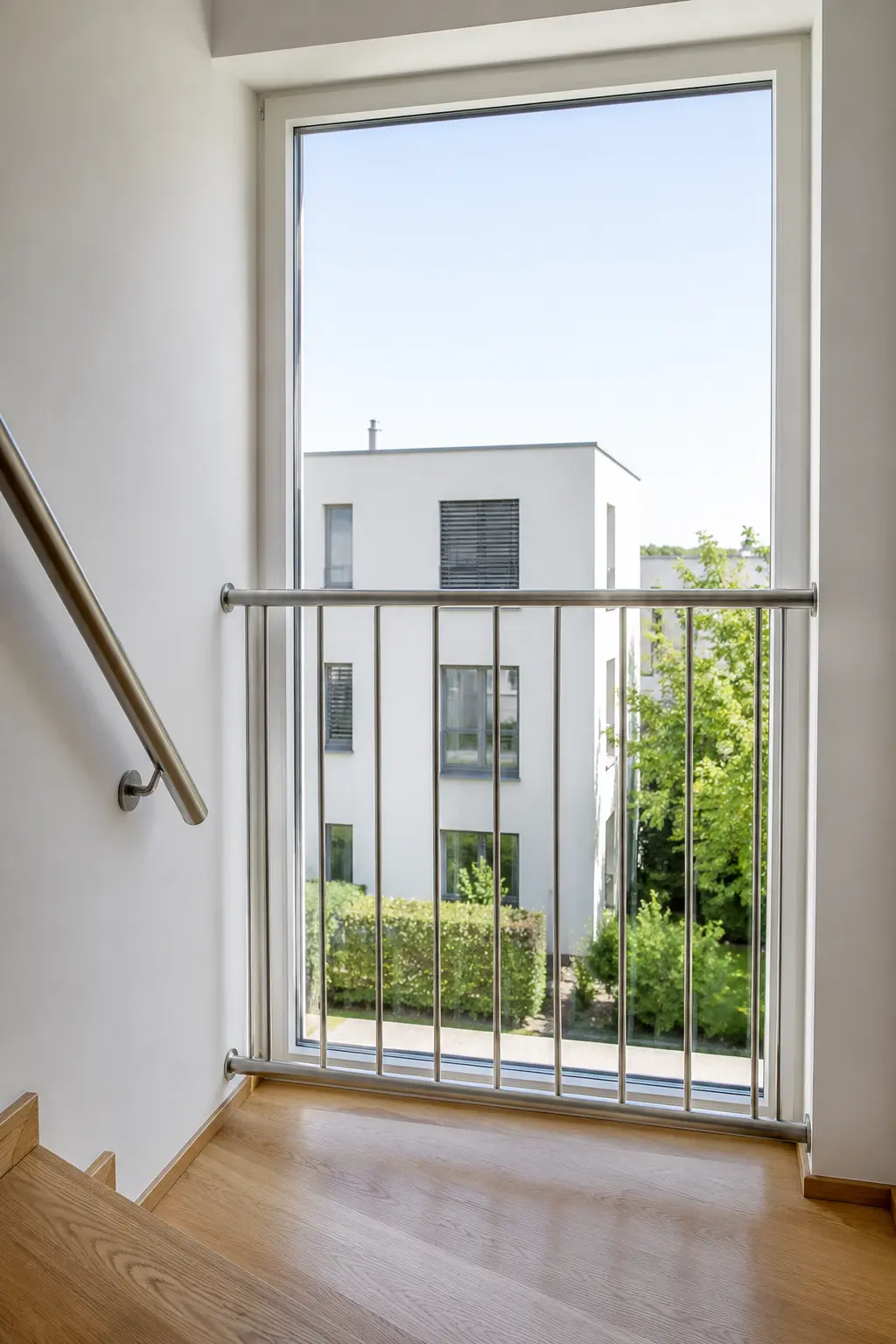 Bodentiefes Treppenhausfenster mit Absturzsicherung im Mehrfamilienhaus von ecowindow