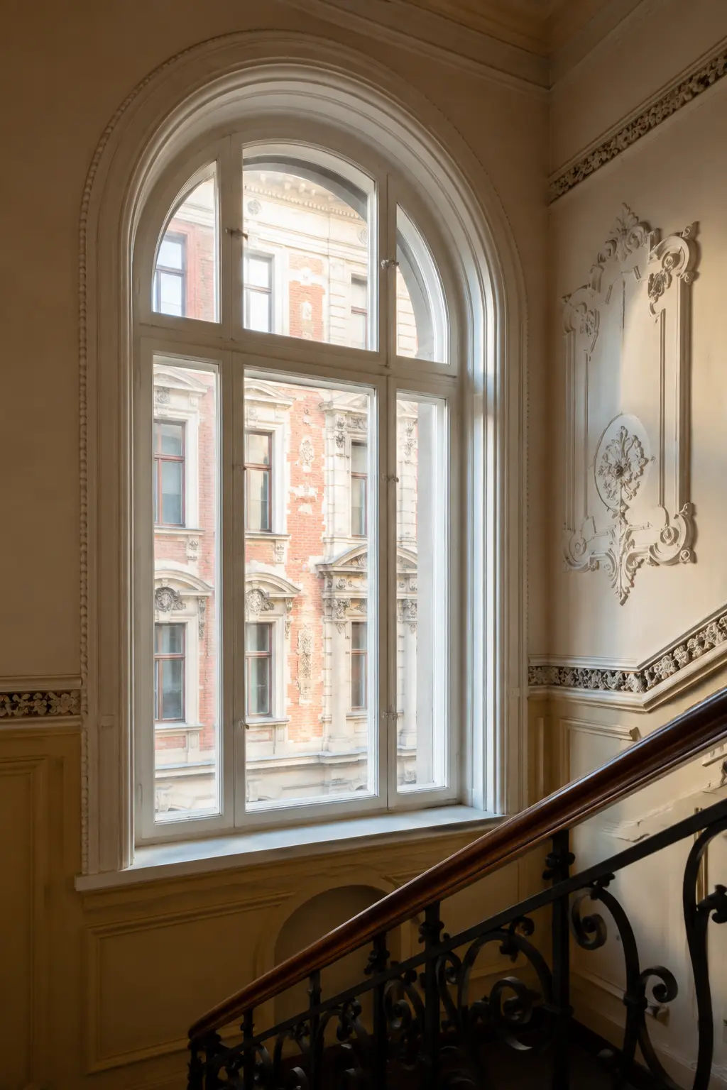 Rundbogenförmiges Treppenhausfenster im Treppenhaus eines sanierten Altbaus von ecowindow