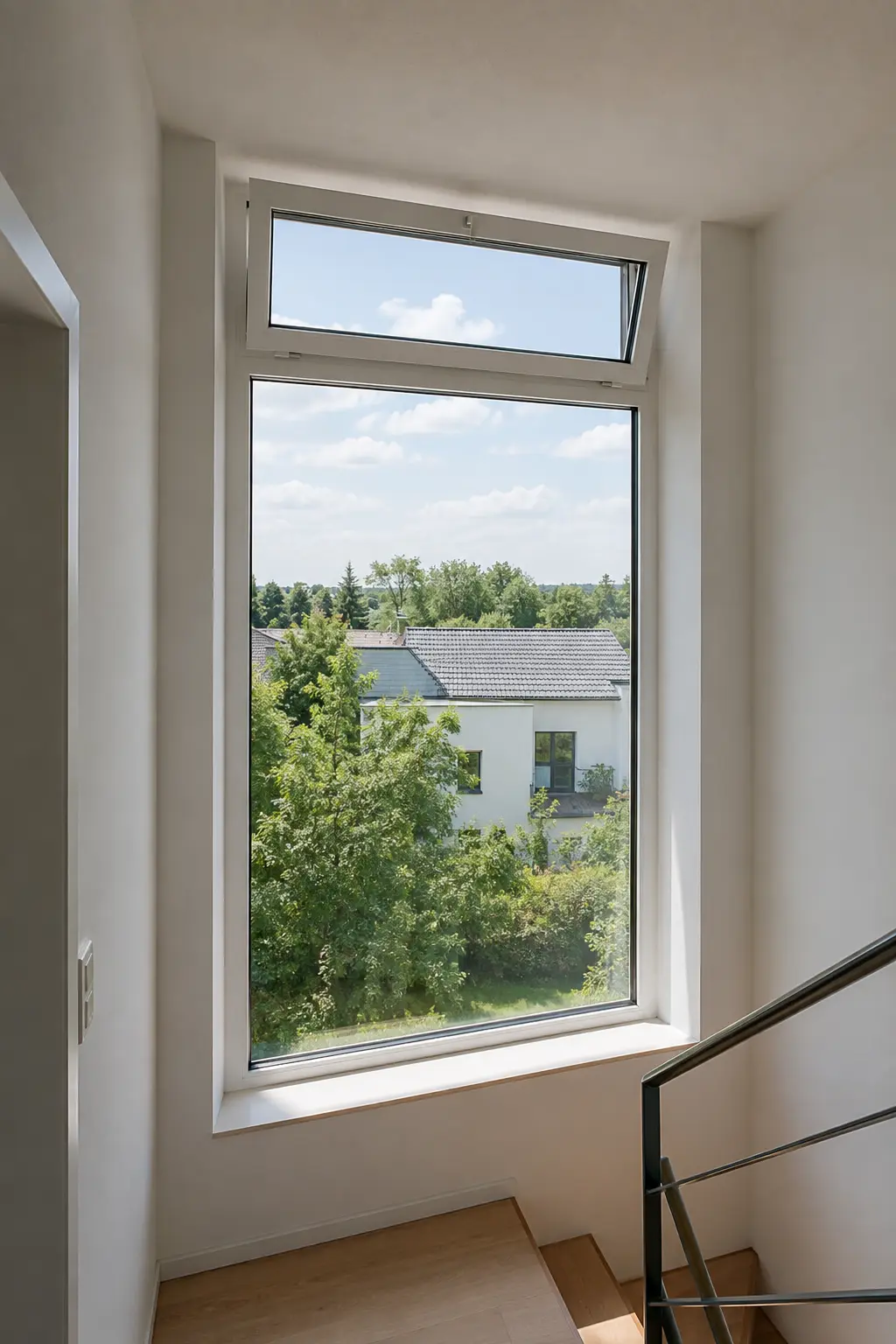 Große Festverglasung mit öffenbarem Oberlicht als Treppenhausfenster von ecowindow