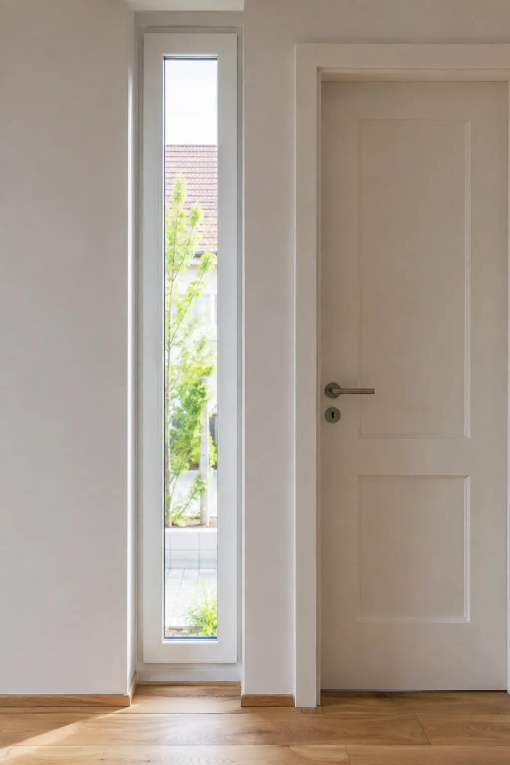 Schmales hochkant stehendes Fenster neben einer Tür von ecowindow