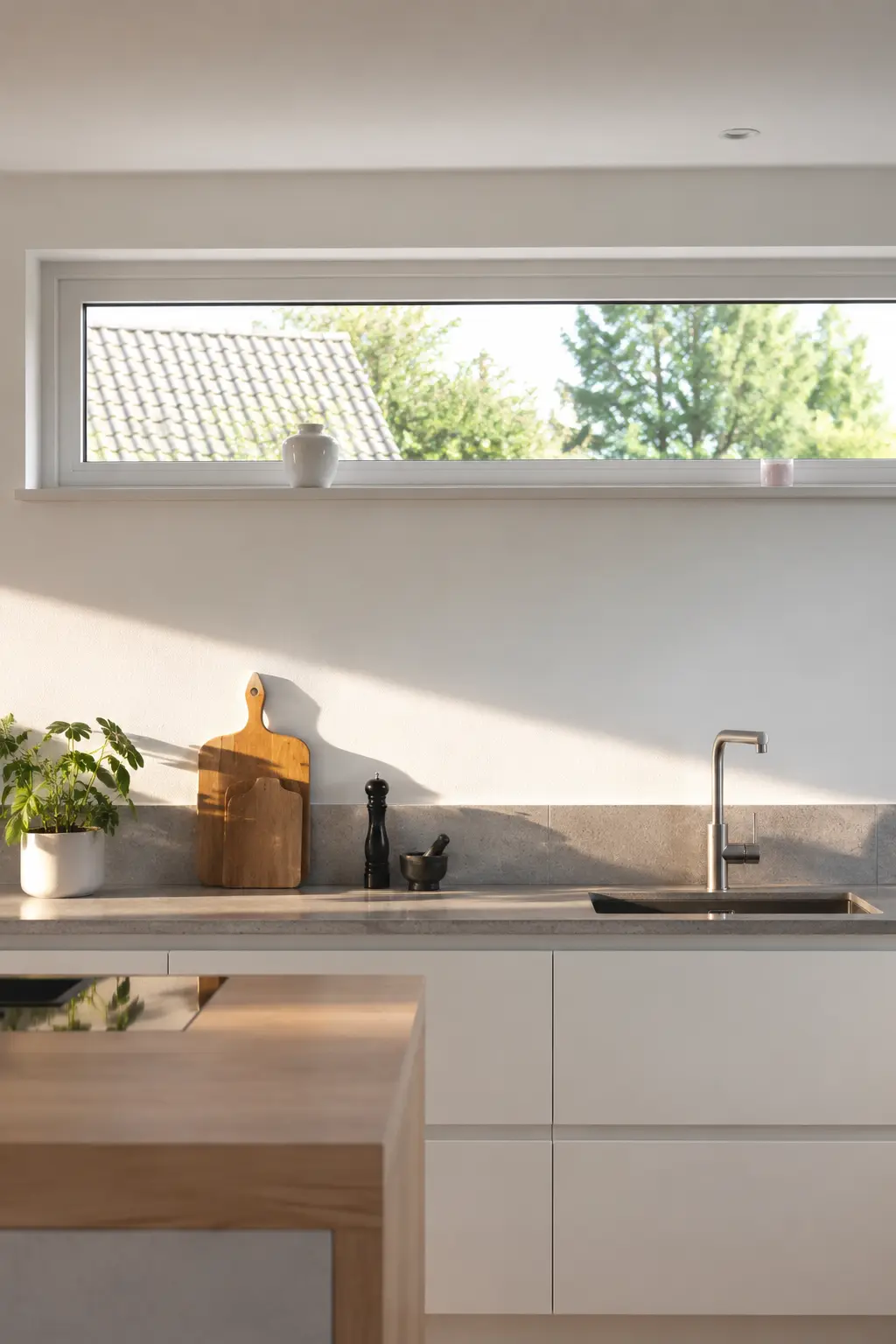 Schmales waagerechtes Lichtband hoch an der Wand über einer Küchenzeile von ecowindow