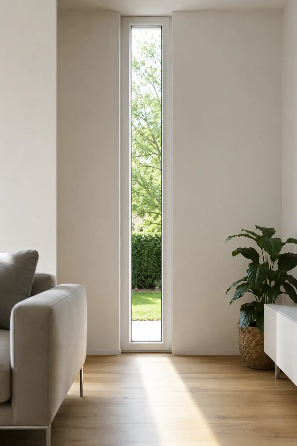 Schmales bodentiefes Fenster über die volle Raumhöhe in einem hellen Wohnraum von ecowindow