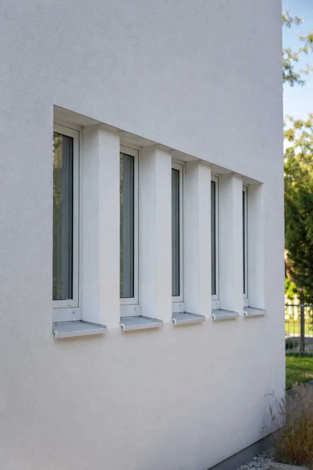 Mehrere schmale Fenster nebeneinander als Fensterband in einer Fassade von ecowindow