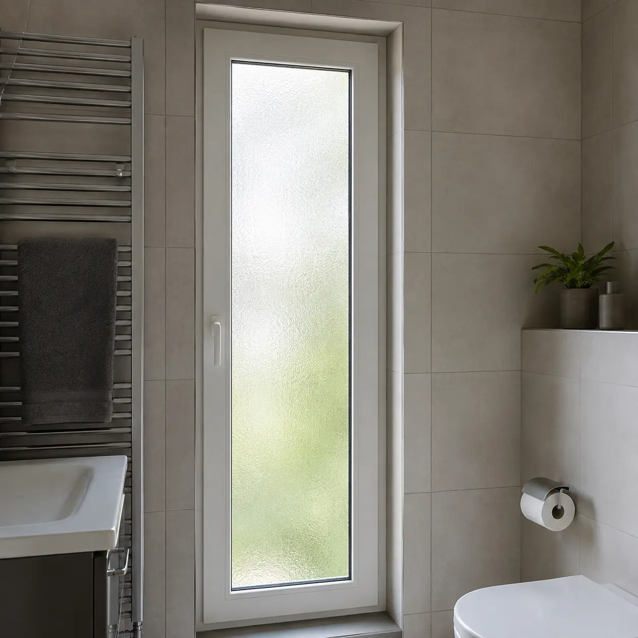 Schmales hohes Fenster mit Milchglas in einem modernen Badezimmer von ecowindow