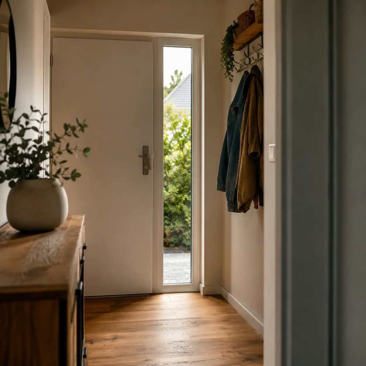 Schmales Fenster neben der Haustür bringt Tageslicht in eine Diele von ecowindow