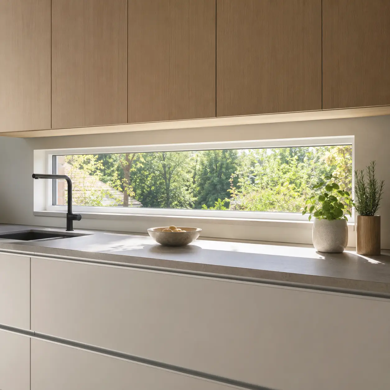 Waagerechtes schmales Fenster über der Arbeitsfläche einer Küche von ecowindow