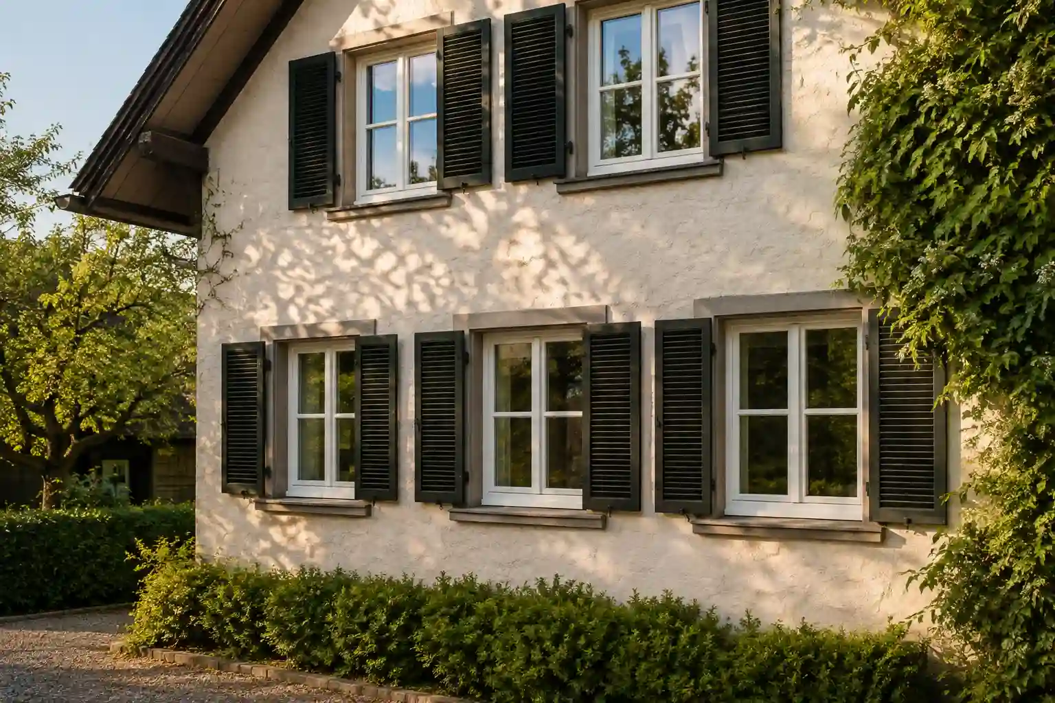 Weißes Kreuzsprossenfenster mit vier Glasfeldern in der Fassade eines Landhauses von ecowindow
