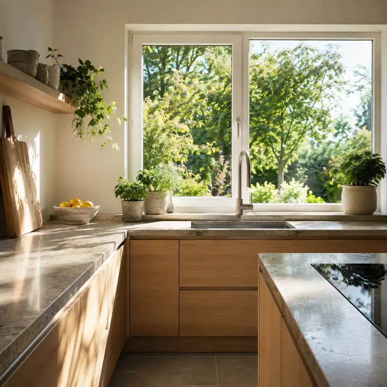 Helle Küche mit großem Küchenfenster über der Spüle nach Maß von ecowindow