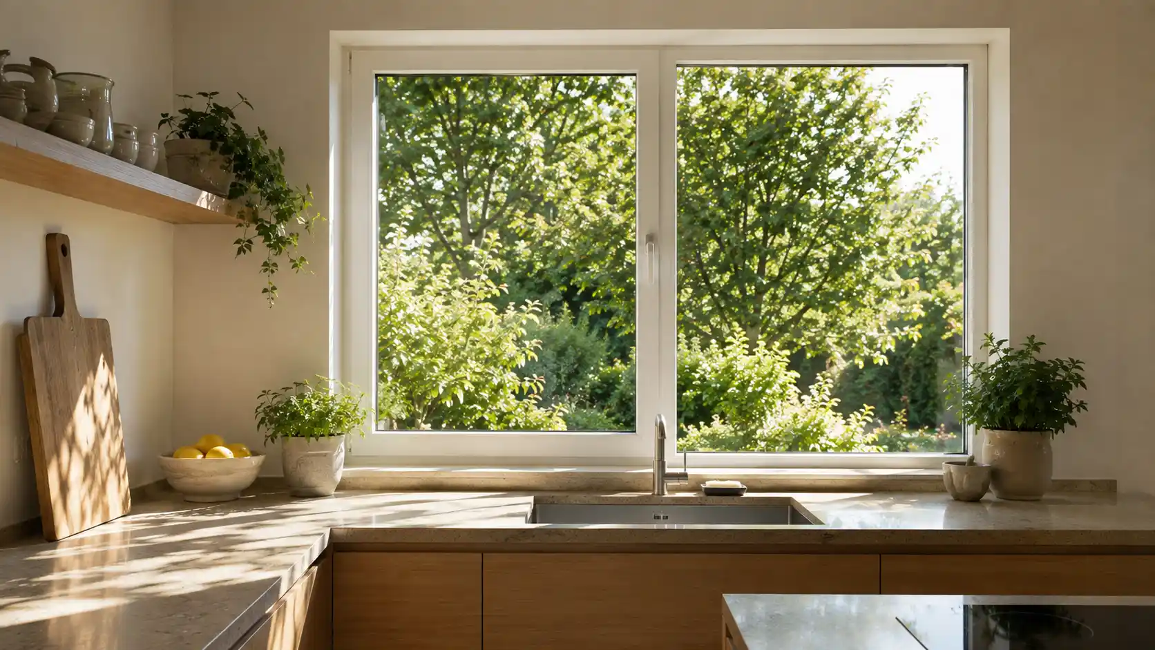 Küchenfenster über der Spüle mit Blick in den Garten von ecowindow