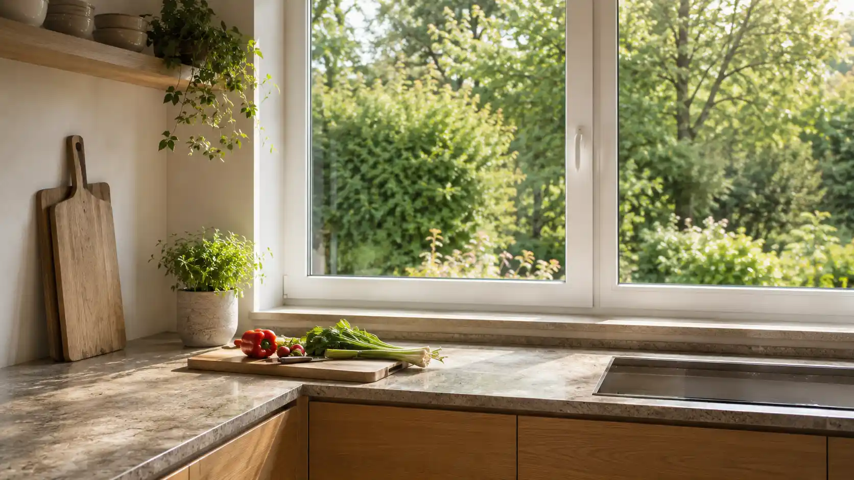 Küchenfenster hinter der Arbeitsplatte mit Tageslicht auf der Arbeitsfläche von ecowindow