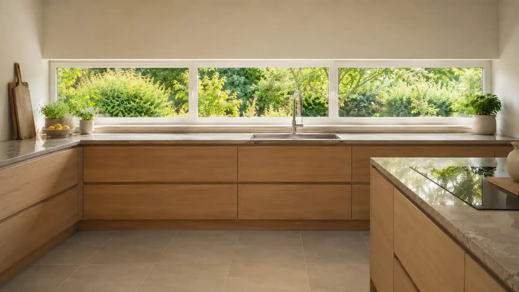 Liegendes Fensterband über der Arbeitszeile in einer modernen Küche von ecowindow