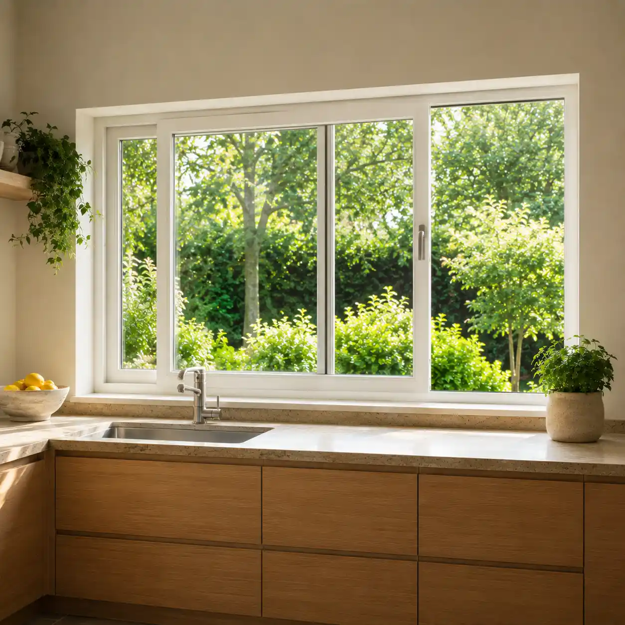 Parallel-Schiebe-Kipp-Fenster als breites Küchenfenster über der Arbeitsplatte von ecowindow