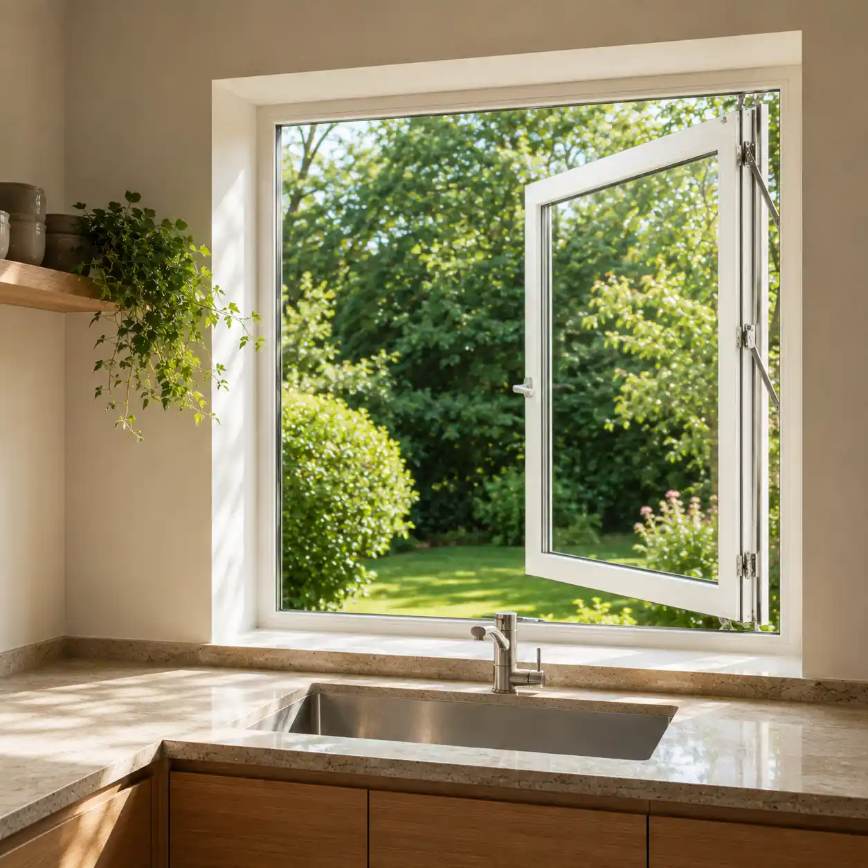 Nach außen öffnendes Küchenfenster über der Spüle mit freiem Innenraum von ecowindow